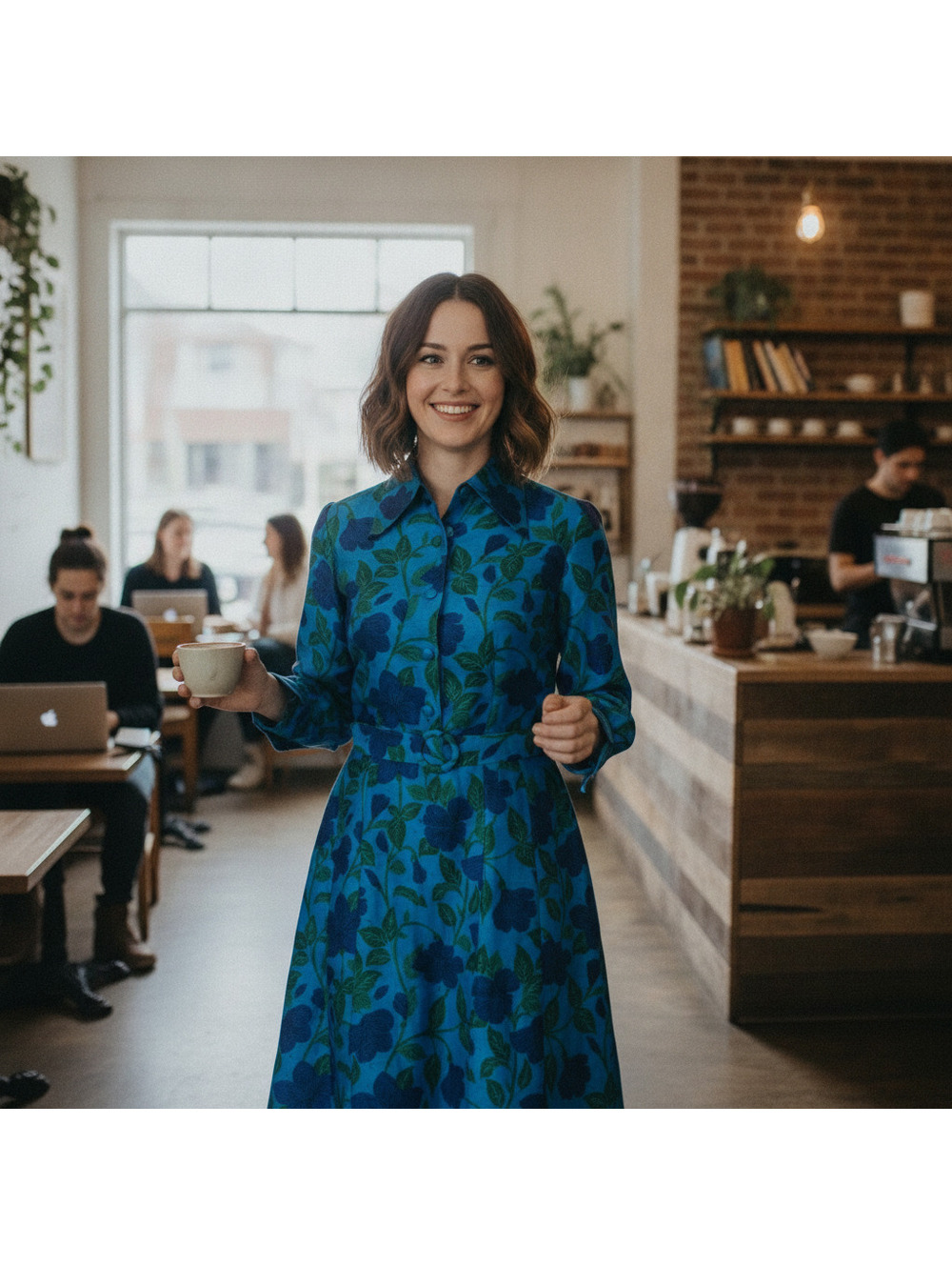 Vintage 70s Retro Silk Long Sleeve Belted Shirt Dress Blue Floral Midi S/M Mod - Picture 2 of 10